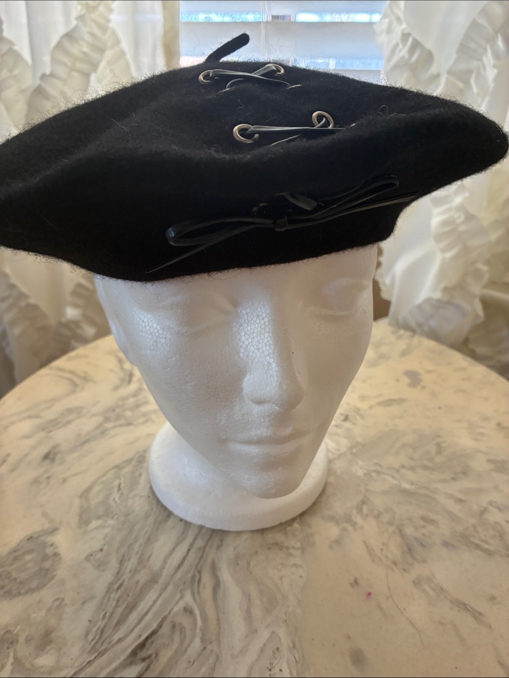 Nordstrom 100% Wool Beret Italy corset-style lace-up accent ribbon tie front